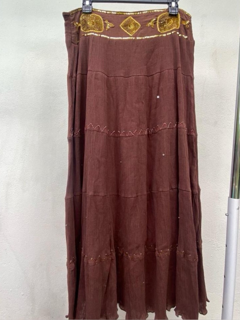 Y2K Boho Fairy Brown & Gold Beaded Sequin Maxi Skirt Size Large